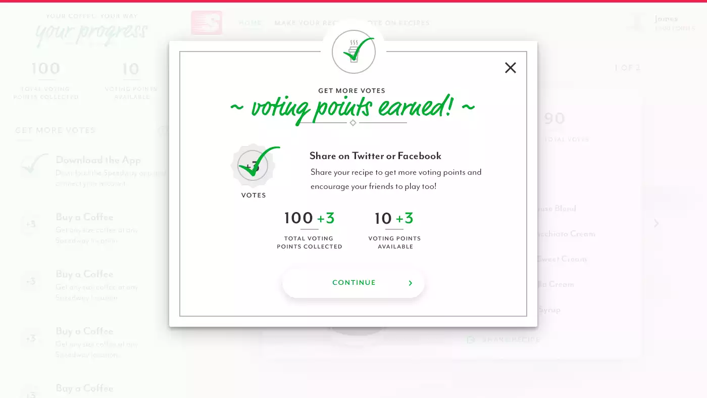 Your Coffee Your Way Voting Points Earned Screen